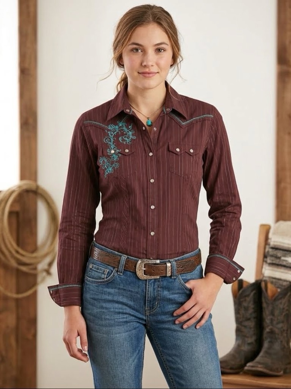 Wrangler Western Ladies Shirt Crinkle Striped w Embroidery Details Size M